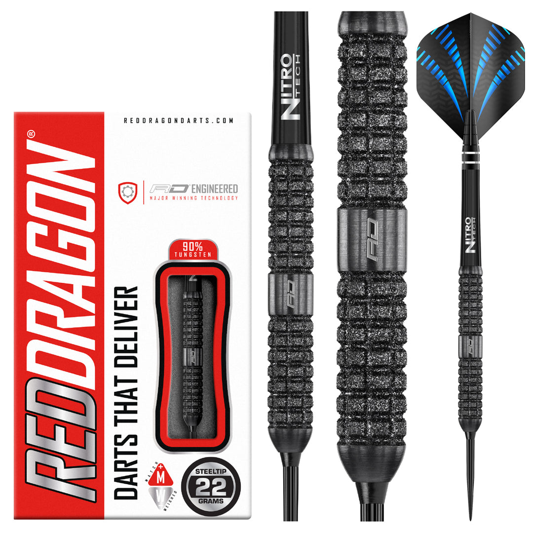 Touchstone Straight 90% Tungsten Steel Tip Darts by Red Dragon - Product box and 3 dart barrels at various zoom levels.