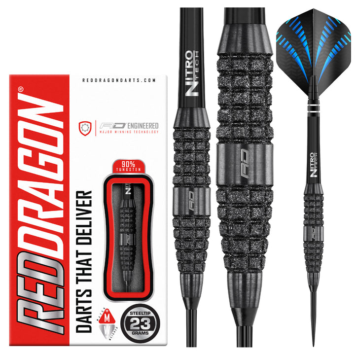 Touchstone Bomb 90% Tungsten Steel Tip Darts by Red Dragon - Product box and 3 dart barrels at various zoom levels.