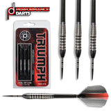 A set of three Triumph 90% Tungsten Steel Tip Darts by Performance Darts, featuring a charcoal PVD coating with silver rings and black bodies with grip-enhancing textures.