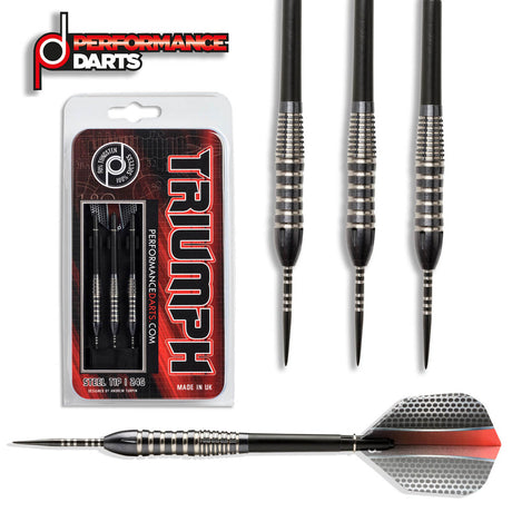A set of three Triumph 90% Tungsten Steel Tip Darts by Performance Darts, featuring a charcoal PVD coating with silver rings and black bodies with grip-enhancing textures.