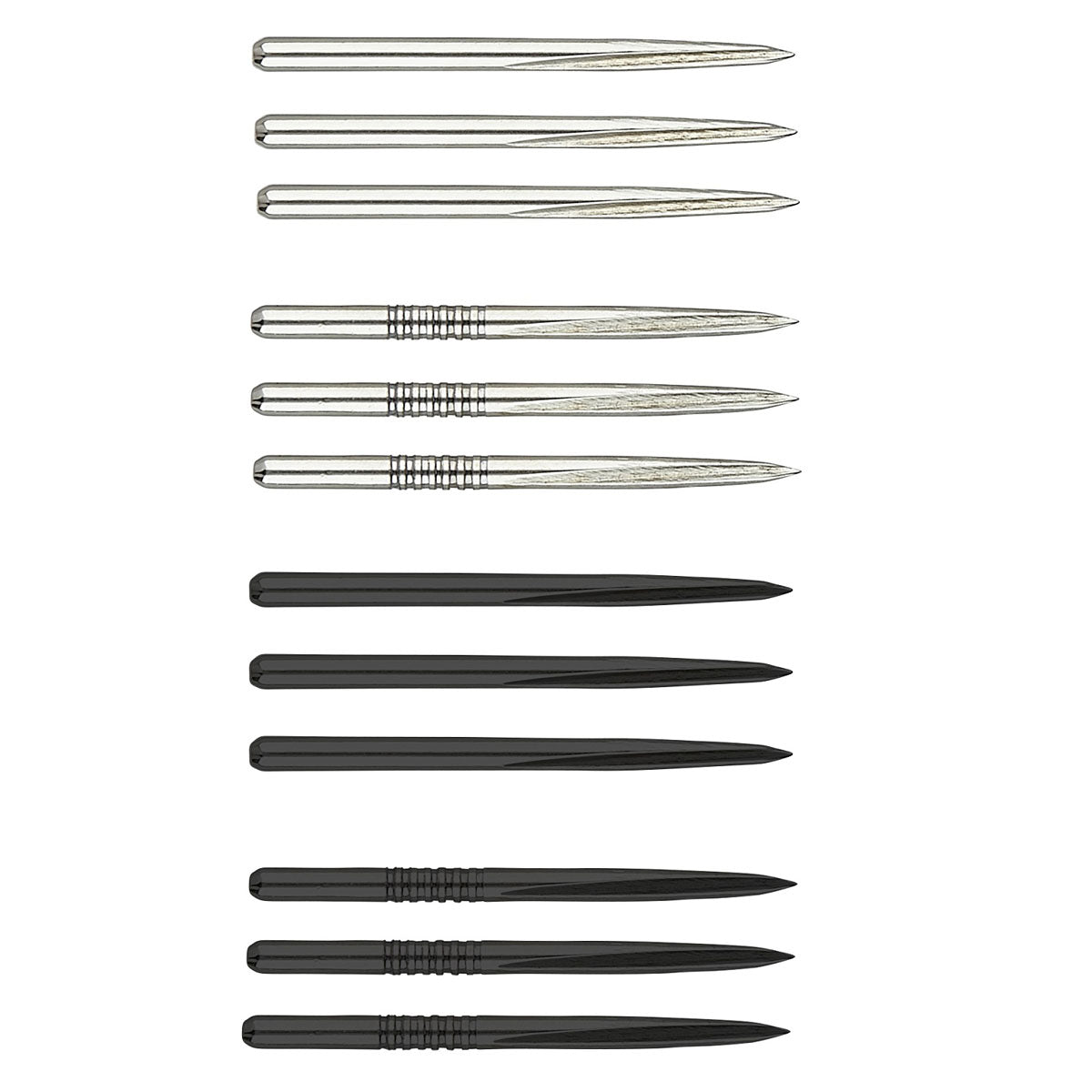 A selection of Unicorn brand steel tip dart points, featuring different designs, in silver and black colors.
