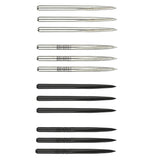 A selection of Unicorn brand steel tip dart points, featuring different designs, in silver and black colors.