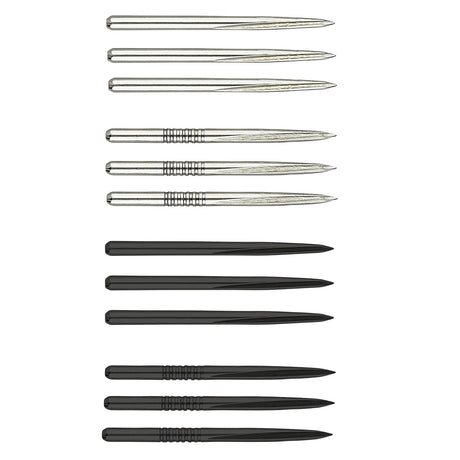 A selection of Unicorn brand steel tip dart points, featuring different designs, in silver and black colors.