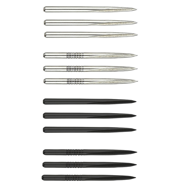 A selection of Unicorn brand steel tip dart points, featuring different designs, in silver and black colors.