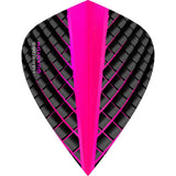 A pink dart flight with a black geometric pattern and the text 'HARROWS QUANTUM' on it.