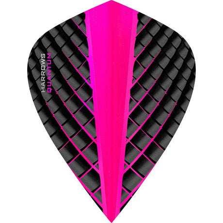 A pink dart flight with a black geometric pattern and the text 'HARROWS QUANTUM' on it.