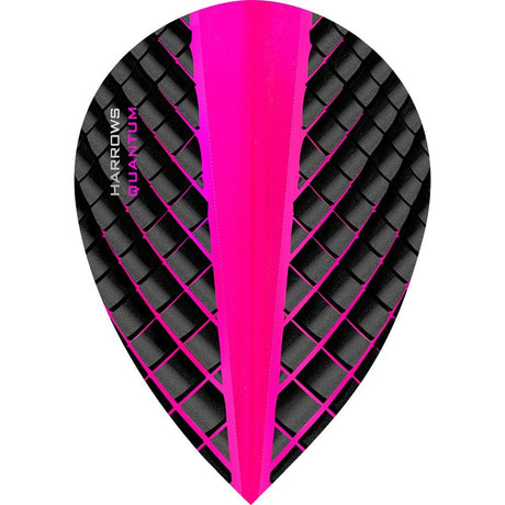 Harrows Quantum pear-shaped dart flight with a pink top section and black grid pattern design.