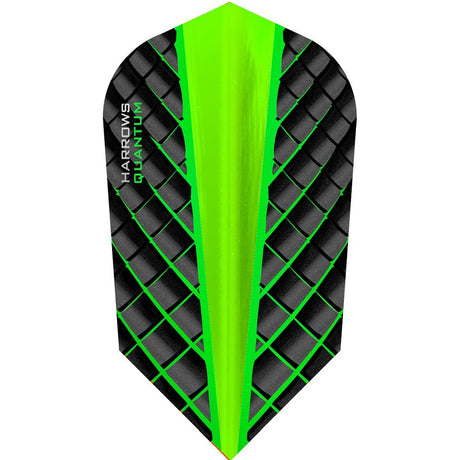 A green dart flight with a black diamond pattern and the Harrows Quantum brand logo at the top.