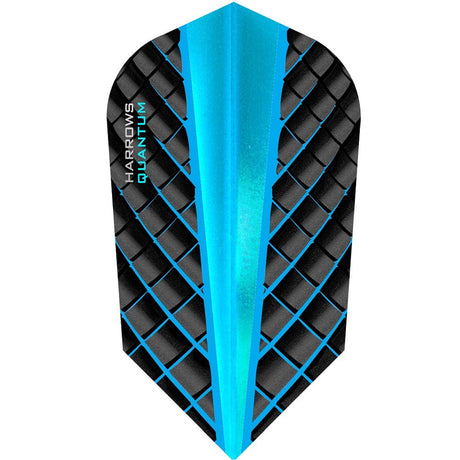 A Harrows Quantum Slim Aqua Dart Flight designed with a blue and black color scheme with a diamond pattern.