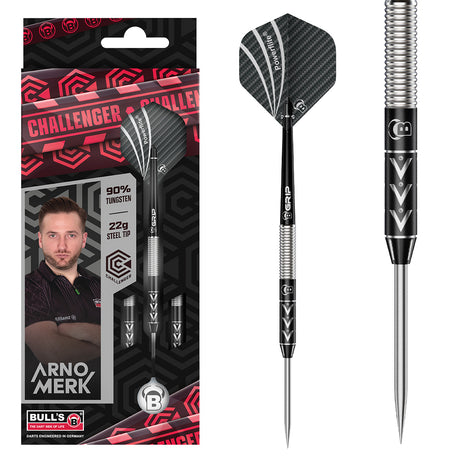 Arno Merk Challenger Steel Tip Darts main product image showing the darts, packaging, flights, shafts, and included accessories