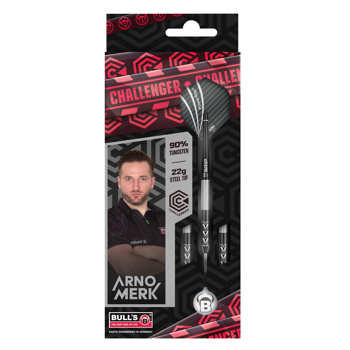 Arno Merk Challenger Steel Tip Darts packaging exterior image showing the outer box artwork, branding, and presentation design