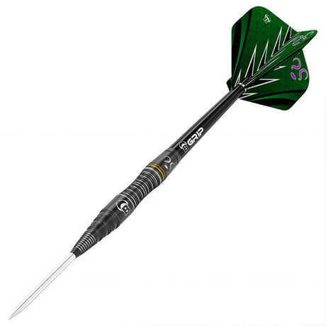 Brian Raman Black Titanium Steel Tip Darts angled product image displaying the barrel profile, grip layout, and design features