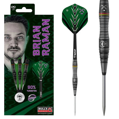 Brian Raman Black Titanium Steel Tip Darts main product image showing the darts, packaging, flights, shafts, and included accessories