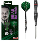 Brian Raman Black Titanium Steel Tip Darts main product image showing the darts, packaging, flights, shafts, and included accessories