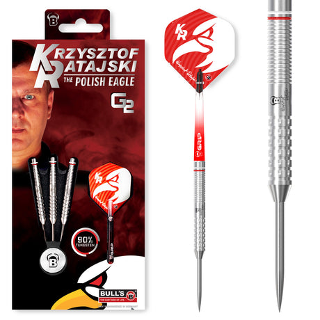 Krzysztof Ratajski G2 Steel Tip Darts main product image showing the darts, packaging, flights, shafts, and included accessories