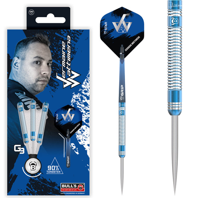 Jermaine Wattimena G3 Steel Tip Darts main product image showing the darts, packaging, flights, shafts, and included accessories