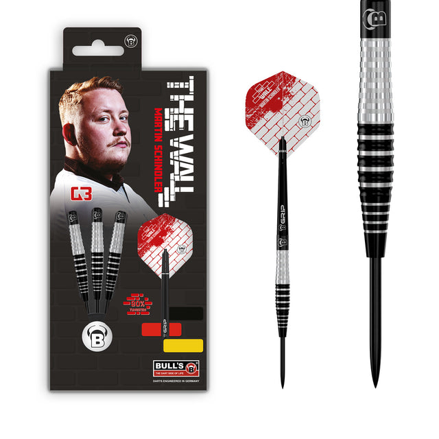 Martin Schindler G3 Steel Tip Darts main product image showing the darts, packaging, flights, shafts, and included accessories
