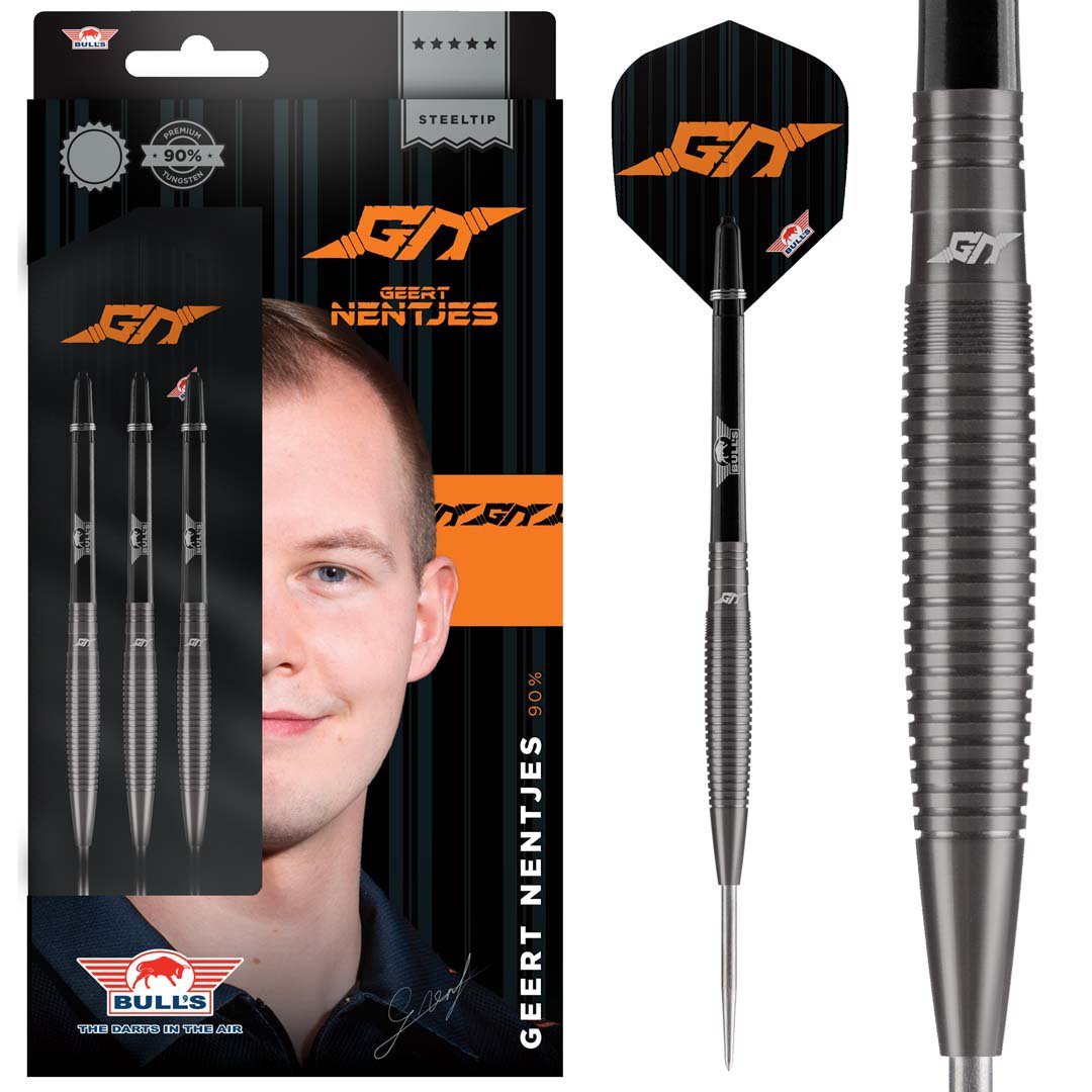Geert Nentjes Black Steel Tip Darts main product image showing the darts, packaging, flights, shafts, and included accessories