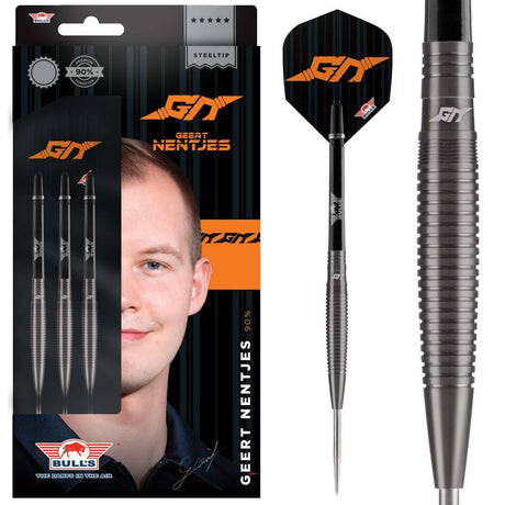 Geert Nentjes Black Steel Tip Darts main product image showing the darts, packaging, flights, shafts, and included accessories