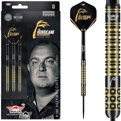 Kim Huybrechts E2 Black Titanium Steel Tip Darts main product image showing the darts, packaging, flights, shafts, and included accessories