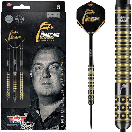 Kim Huybrechts E2 Black Titanium Steel Tip Darts main product image showing the darts, packaging, flights, shafts, and included accessories
