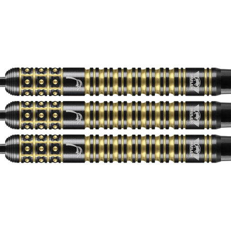 Kim Huybrechts E2 Black Titanium Steel Tip Darts close up image showing detailed grip patterns, machining, coating, and precision craftsmanship
