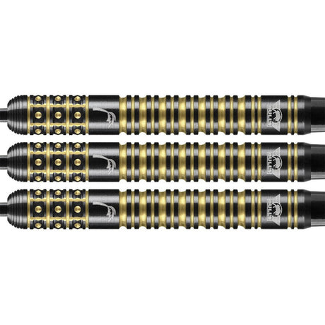 Kim Huybrechts E2 Black Titanium Steel Tip Darts close up image showing detailed grip patterns, machining, coating, and precision craftsmanship