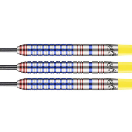 Ricky Evans 90 Percent Tungsten Steel Tip Darts close up image showing detailed grip patterns, machining, coating, and precision craftsmanship