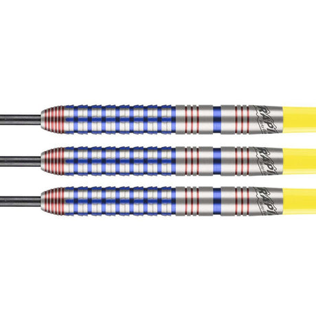Ricky Evans 90 Percent Tungsten Steel Tip Darts close up image showing detailed grip patterns, machining, coating, and precision craftsmanship
