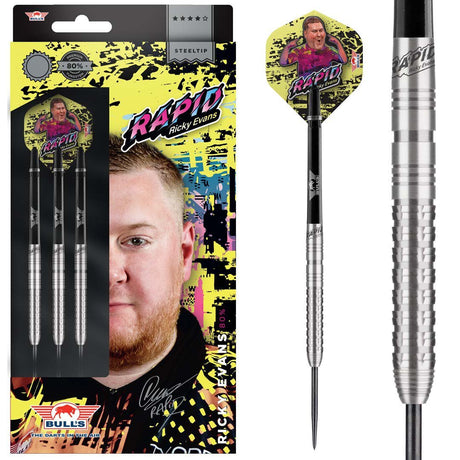 Ricky Evans Steel Tip Darts main product image showing the darts, packaging, flights, shafts, and included accessories