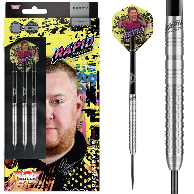 Ricky Evans Steel Tip Darts main product image showing the darts, packaging, flights, shafts, and included accessories