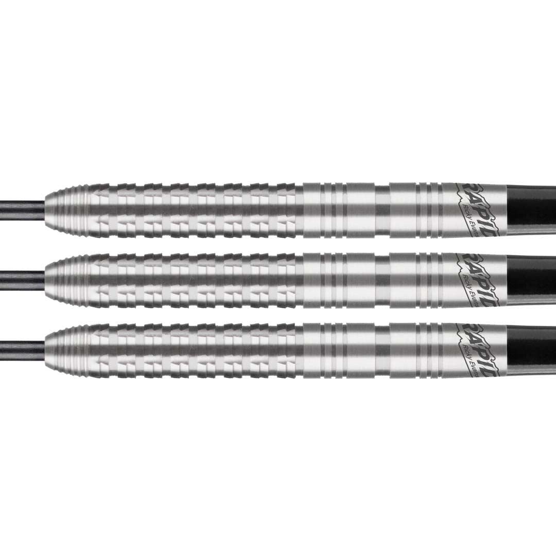 Ricky Evans Steel Tip Darts close up image showing detailed grip patterns, machining, coating, and precision craftsmanship