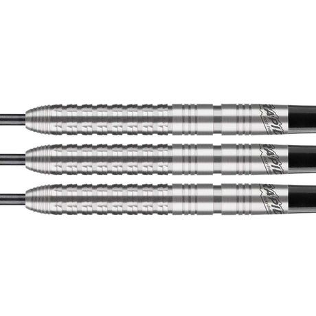 Ricky Evans Steel Tip Darts close up image showing detailed grip patterns, machining, coating, and precision craftsmanship