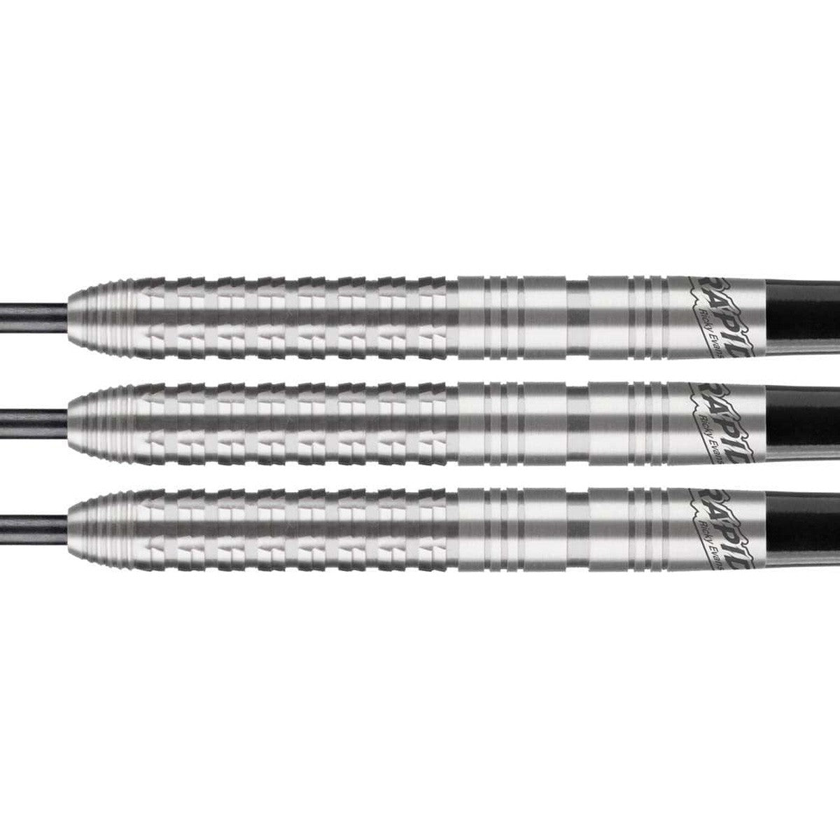 Ricky Evans Steel Tip Darts close up image showing detailed grip patterns, machining, coating, and precision craftsmanship