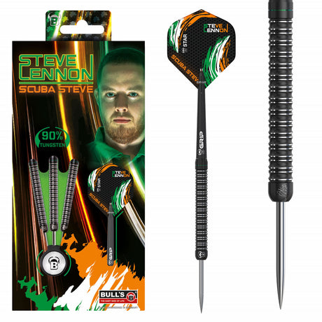 Steve Lennon Original Steel Tip Darts main product image showing the darts, packaging, flights, shafts, and included accessories
