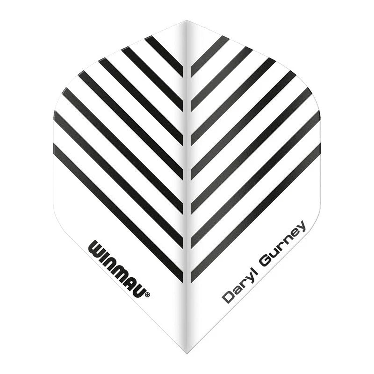 Dart flight with black and white pattern and 'Winmau' and 'Daryl Gurney' branding in writing on a white background