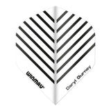 Dart flight with black and white pattern and 'Winmau' and 'Daryl Gurney' branding in writing on a white background