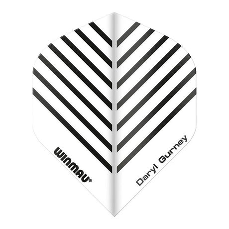 Dart flight with black and white pattern and 'Winmau' and 'Daryl Gurney' branding in writing on a white background