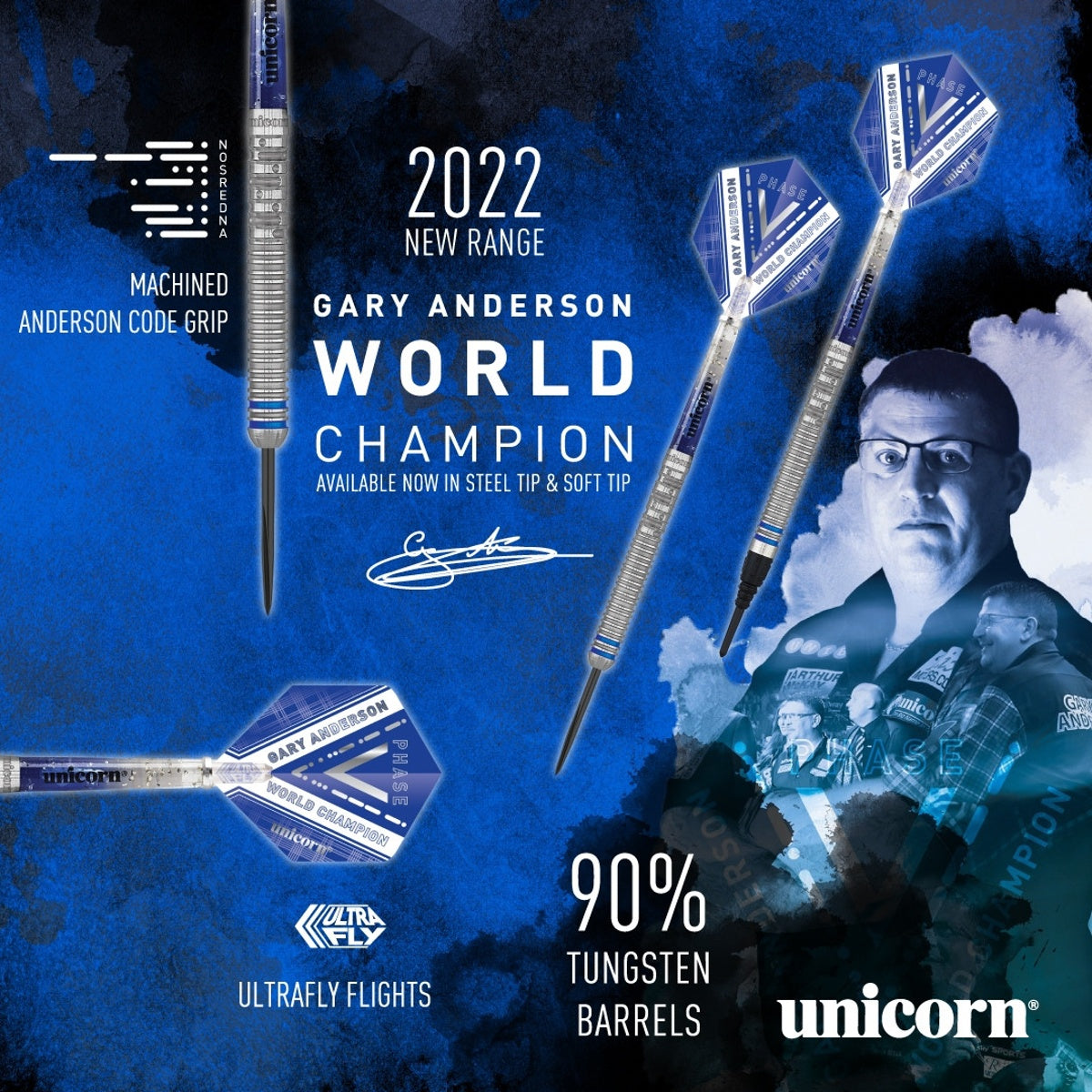 Gary Anderson 90% Tungsten Phase 5 World Champion Steel Tip Darts by Unicorn