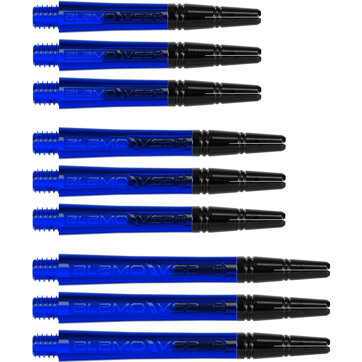 Harrows Alamo VS2 Dart Stems Shafts Blue main product image showing the stems, packaging, and included contents