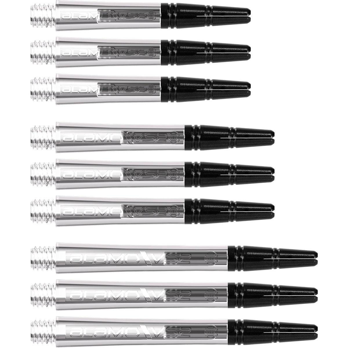 Harrows Alamo VS2 Dart Stems Shafts Clear main product image showing the stems, packaging, and included contents