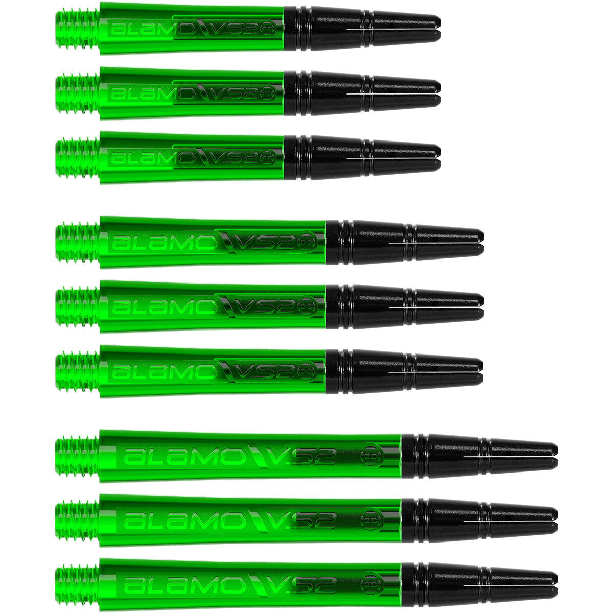 Harrows Alamo VS2 Dart Stems Shafts Green main product image showing the stems, packaging, and included contents