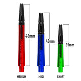 Three dart shafts in red, blue, and green with measurements on a white background