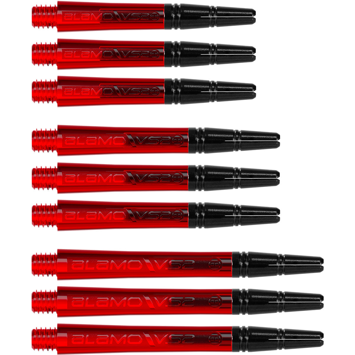 Harrows Alamo VS2 Dart Stems Shafts Red main product image showing the stems, packaging, and included contents