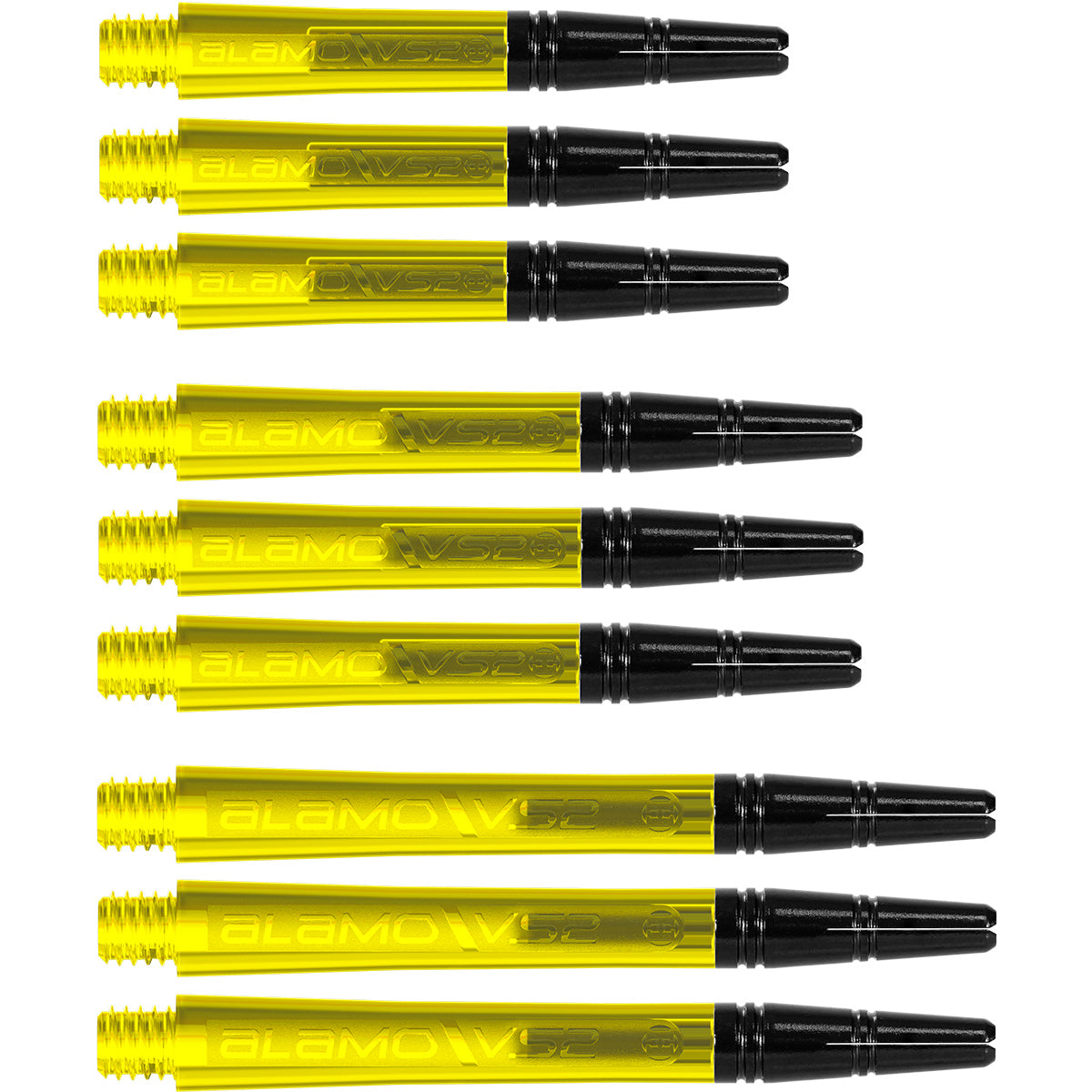 Harrows Alamo VS2 Dart Stems Shafts Yellow main product image showing the stems, packaging, and included contents