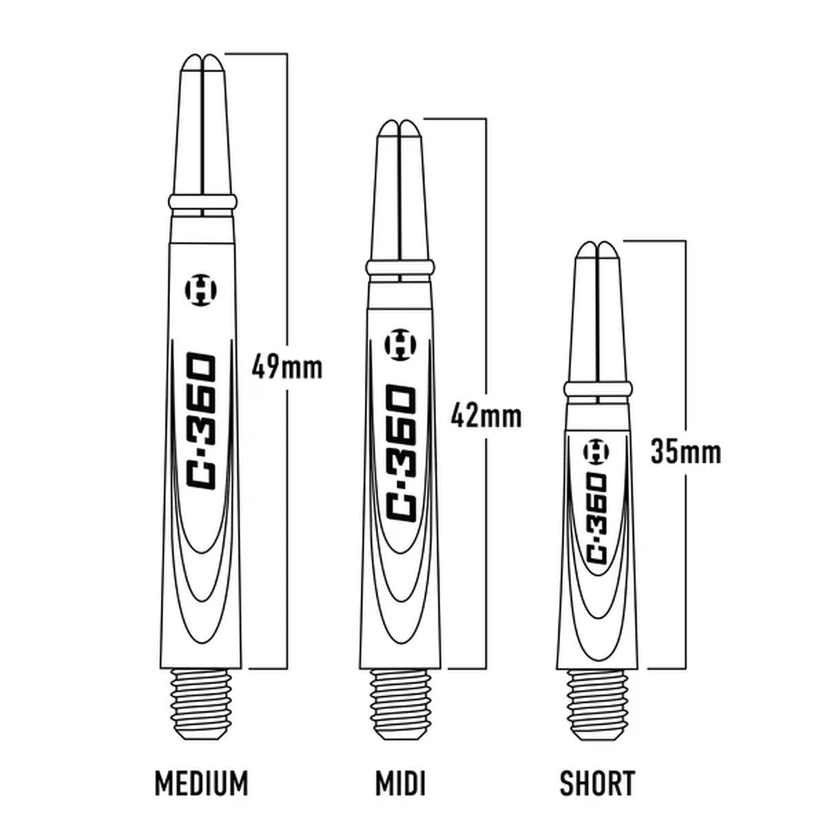 Illustration of Supergrip fusion darts shafts with measurements for medium, midi, and short sizes. Labelled MEDIUM, MIDI, and SHORT with measured lengths 47mm, 40mm, and 33mm.