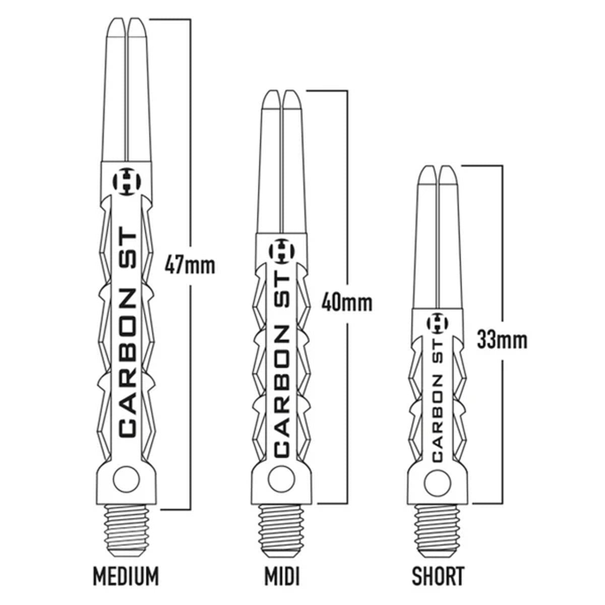 Illustration of Supergrip fusion darts shafts with measurements for medium, midi, and short sizes. Labelled MEDIUM, MIDI, and SHORT with measured lengths 47mm, 40mm, and 33mm.