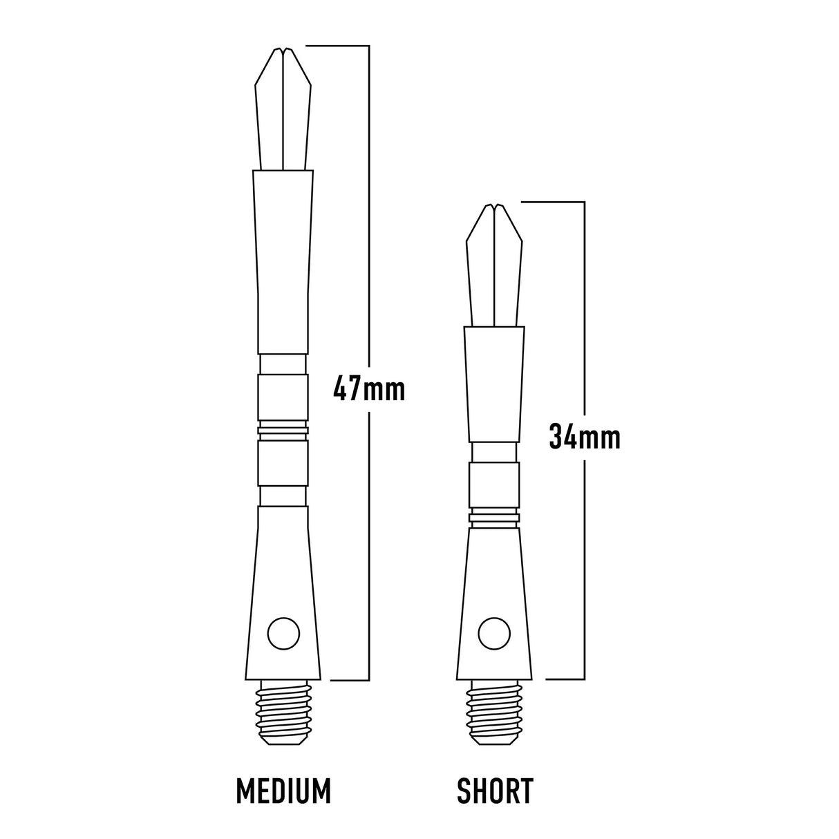 Harrows Colette Dart Stems Shafts Black length guide image showing available stem sizes and dimensions