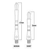 Harrows Colette Dart Stems Shafts Black length guide image showing available stem sizes and dimensions