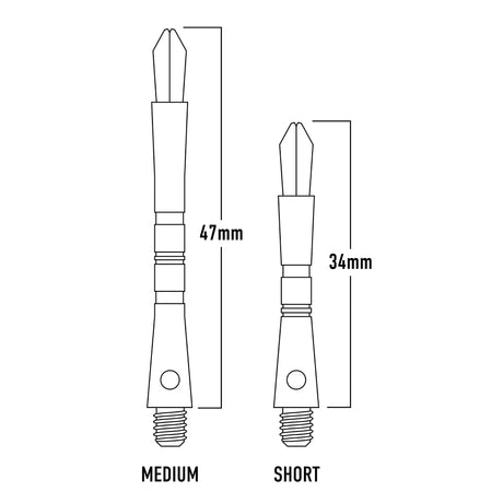Harrows Colette Dart Stems Shafts Black length guide image showing available stem sizes and dimensions